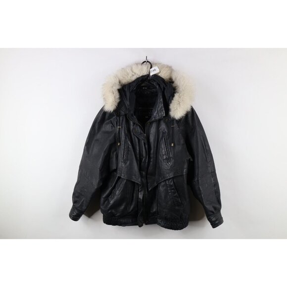 Vtg 90s Streetwear Mens Medium Distressed Fur Trim Hooded Leather Bomber Jacket